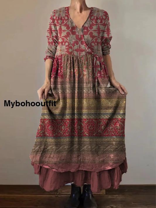Retro Boho Floral Print Vintage V-Neck Double Hemline Cotton Long Sleeve Midi Dress A / S