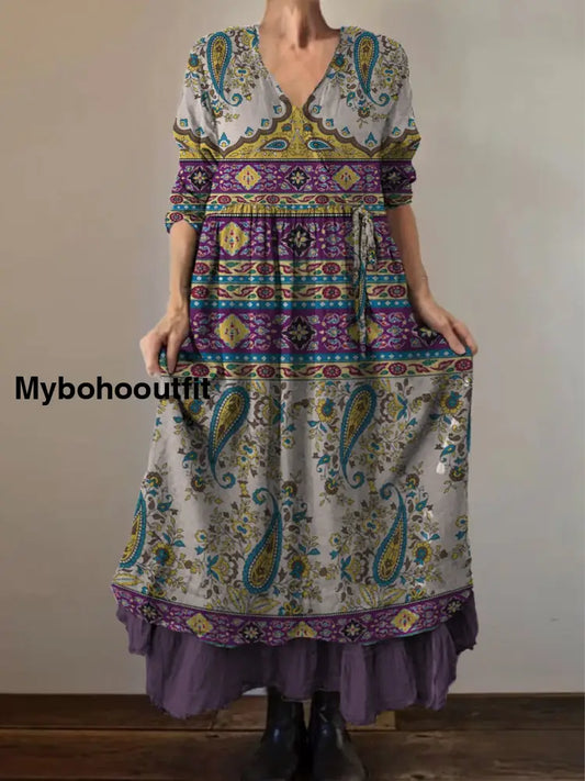 Retro Boho Floral Print Vintage V-Neck Double Hemline Cotton Long Sleeve Midi Dress A / S