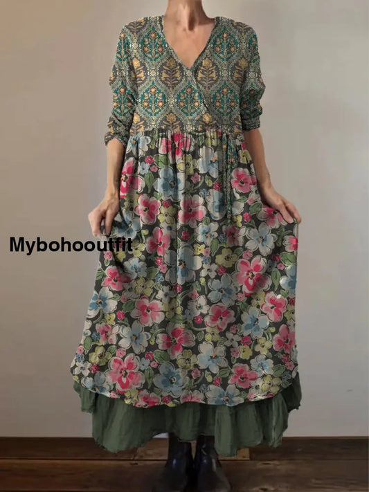 Retro Boho Floral Print Vintage V-Neck Double Hemline Cotton Long Sleeve Midi Dress A / S