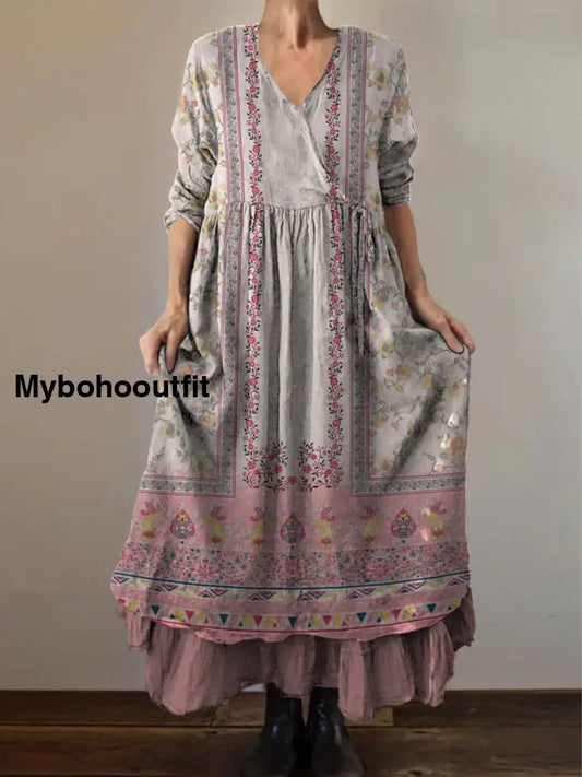 Retro Boho Floral Print Vintage V-Neck Double Hemline Cotton Long Sleeve Midi Dress A / S
