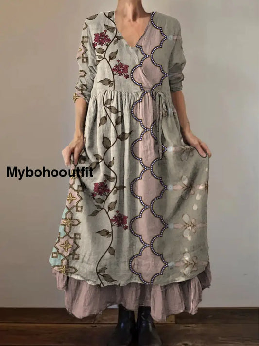 Retro Boho Floral Print Vintage V-Neck Double Hemline Cotton Long Sleeve Midi Dress A / S