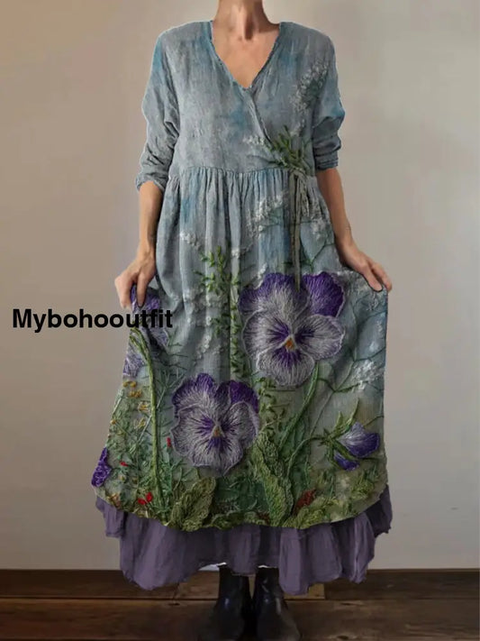 Retro Boho Floral Print Vintage V-Neck Double Hemline Cotton Long Sleeve Midi Dress A / S
