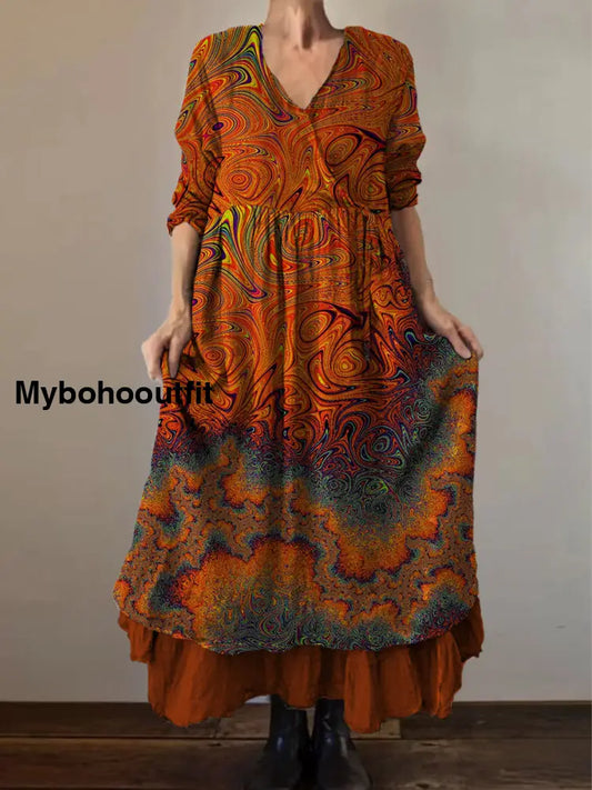Retro Boho Floral Print Vintage V-Neck Double Hemline Cotton Long Sleeve Midi Dress A / S