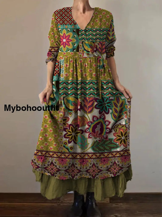 Retro Boho Floral Print Vintage V-Neck Double Hemline Cotton Long Sleeve Midi Dress A / S