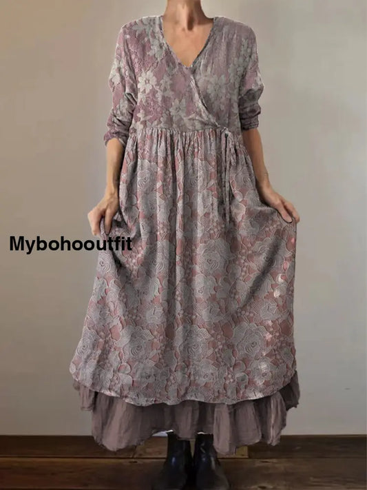 Retro Boho Floral Print Vintage V-Neck Double Hemline Cotton Long Sleeve Midi Dress A / S