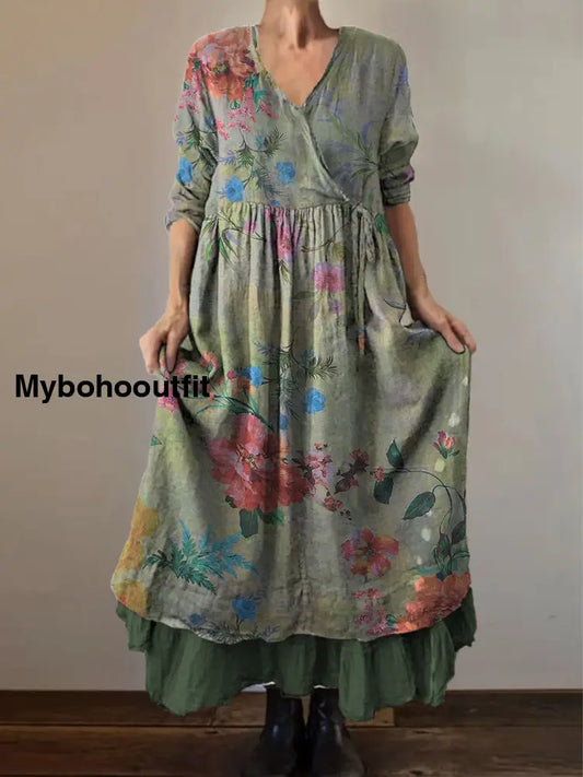 Retro Boho Floral Print Vintage V-Neck Double Hemline Cotton Long Sleeve Midi Dress A / S