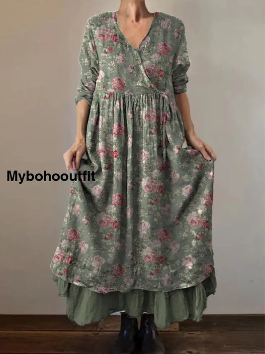 Retro Boho Floral Print Vintage V-Neck Double Hemline Cotton Long Sleeve Midi Dress A / S
