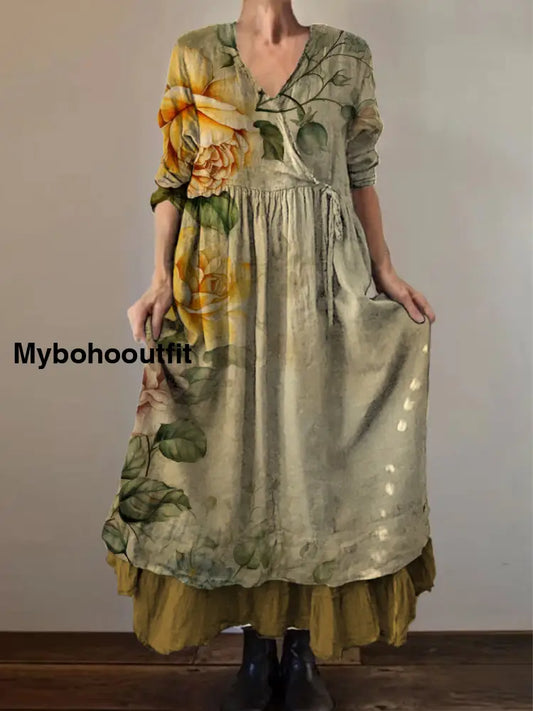 Retro Boho Floral Print Vintage V-Neck Double Hemline Cotton Long Sleeve Midi Dress A / S