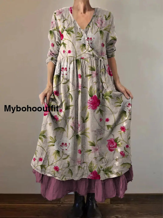 Retro Boho Floral Print Vintage V-Neck Double Hemline Cotton Long Sleeve Midi Dress A / S