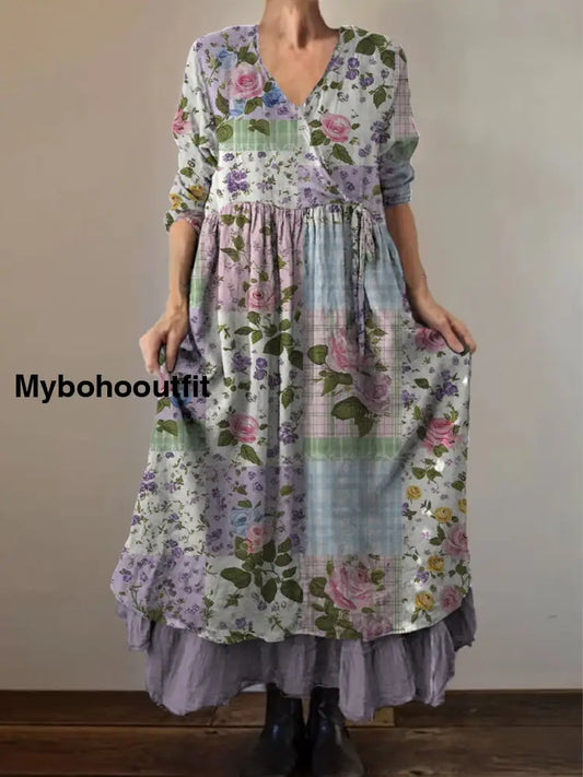 Retro Boho Floral Print Vintage V-Neck Double Hemline Cotton Long Sleeve Midi Dress A / S