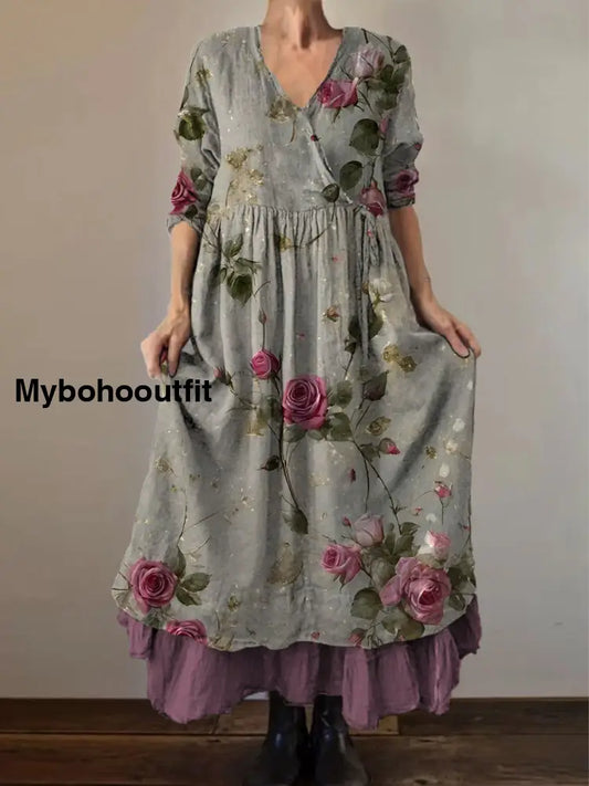 Retro Boho Floral Print Vintage V-Neck Double Hemline Cotton Long Sleeve Midi Dress A / S