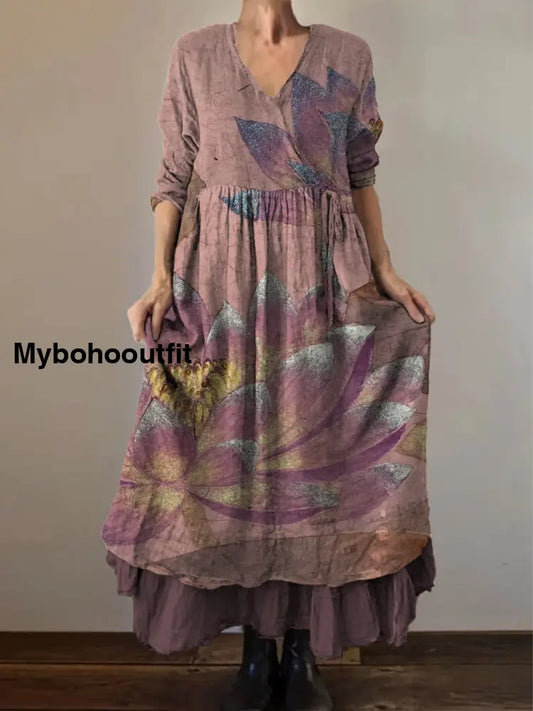 Retro Boho Floral Print Vintage V-Neck Double Hemline Cotton Long Sleeve Midi Dress A / S