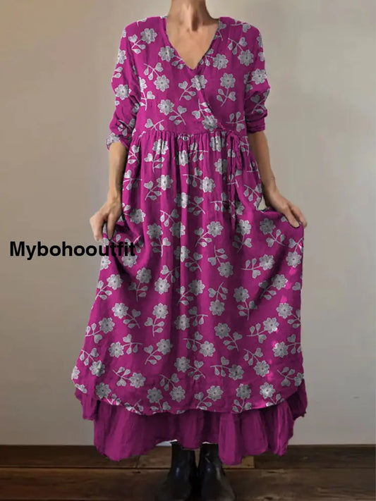 Retro Boho Floral Print Vintage V-Neck Double Hemline Cotton Long Sleeve Midi Dress A / S