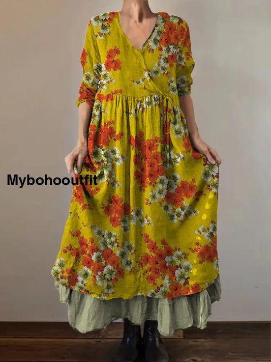 Retro Boho Floral Print Vintage V-Neck Double Hemline Cotton Long Sleeve Midi Dress A / S