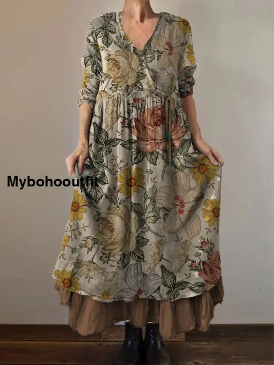 Retro Boho Floral Print Vintage V-Neck Double Hemline Cotton Long Sleeve Midi Dress A / S