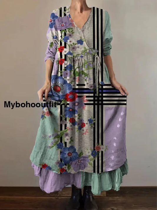 Retro Boho Floral Print Vintage V-Neck Double Hemline Cotton Long Sleeve Midi Dress A / S