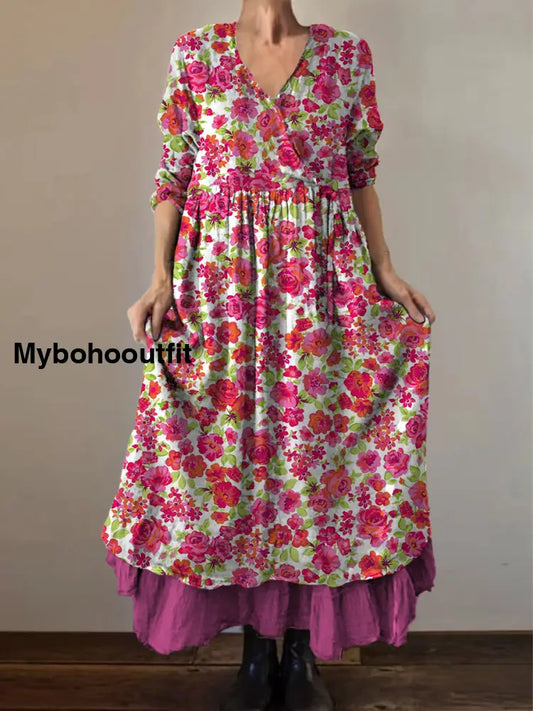 Retro Boho Floral Print Vintage V-Neck Double Hemline Cotton Long Sleeve Midi Dress A / S