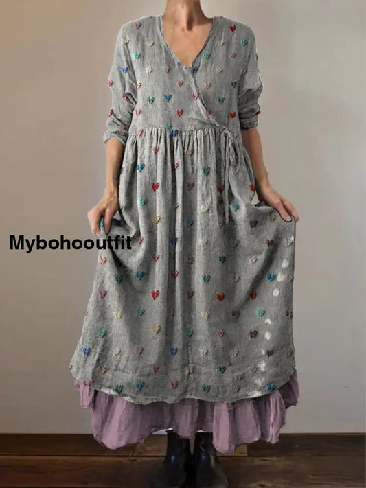 Retro Boho Floral Print Vintage V-Neck Double Hemline Cotton Long Sleeve Midi Dress A / S