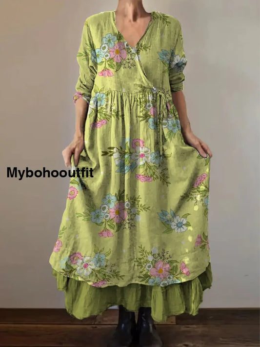 Retro Boho Floral Print Vintage V-Neck Double Hemline Cotton Long Sleeve Midi Dress A / S