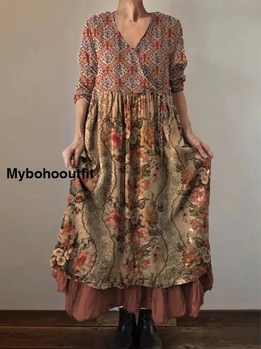 Retro Boho Floral Print Vintage V-Neck Double Hemline Cotton Long Sleeve Midi Dress A / S