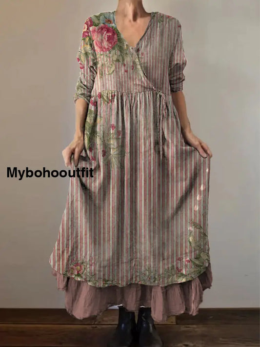 Retro Boho Floral Print Vintage V-Neck Double Hemline Cotton Long Sleeve Midi Dress A / S