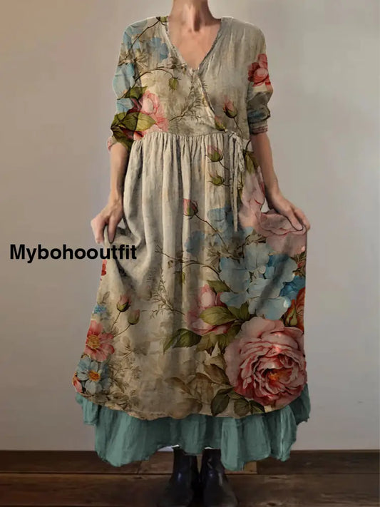 Retro Boho Floral Print Vintage V-Neck Double Hemline Cotton Long Sleeve Midi Dress A / S