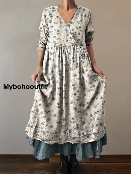 Retro Boho Floral Print Vintage V-Neck Double Hemline Cotton Long Sleeve Midi Dress A / S