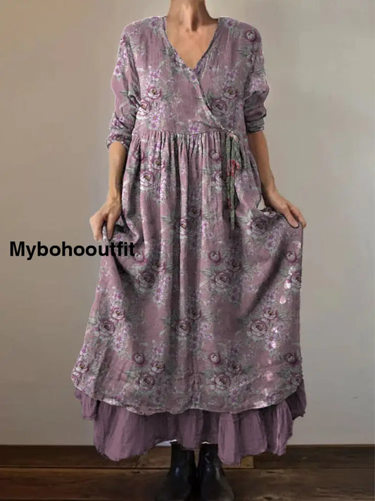 Retro Boho Floral Print Vintage V-Neck Double Hemline Cotton Long Sleeve Midi Dress A / S