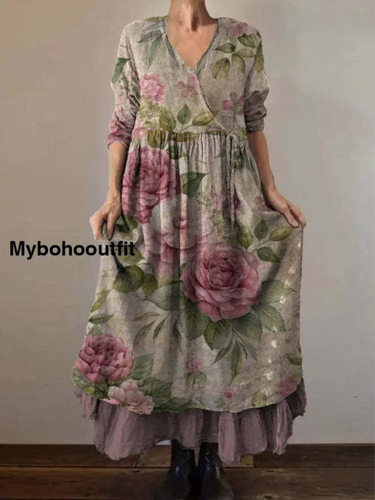 Retro Boho Floral Print Vintage V-Neck Double Hemline Cotton Long Sleeve Midi Dress A / S