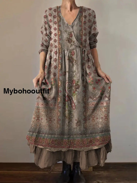 Retro Boho Floral Print Vintage V-Neck Double Hemline Cotton Long Sleeve Midi Dress A / S