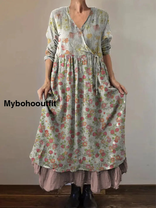 Retro Boho Floral Print Vintage V-Neck Double Hemline Cotton Long Sleeve Midi Dress A / S