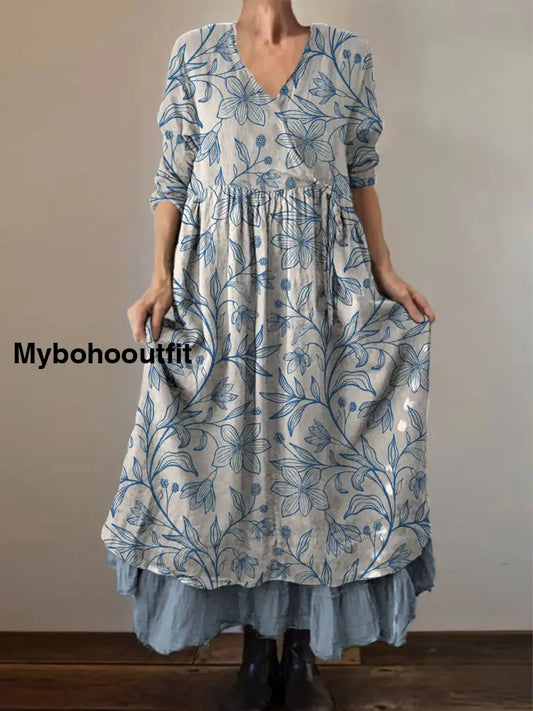 Retro Boho Floral Print Vintage V-Neck Double Hemline Cotton Long Sleeve Midi Dress A / S