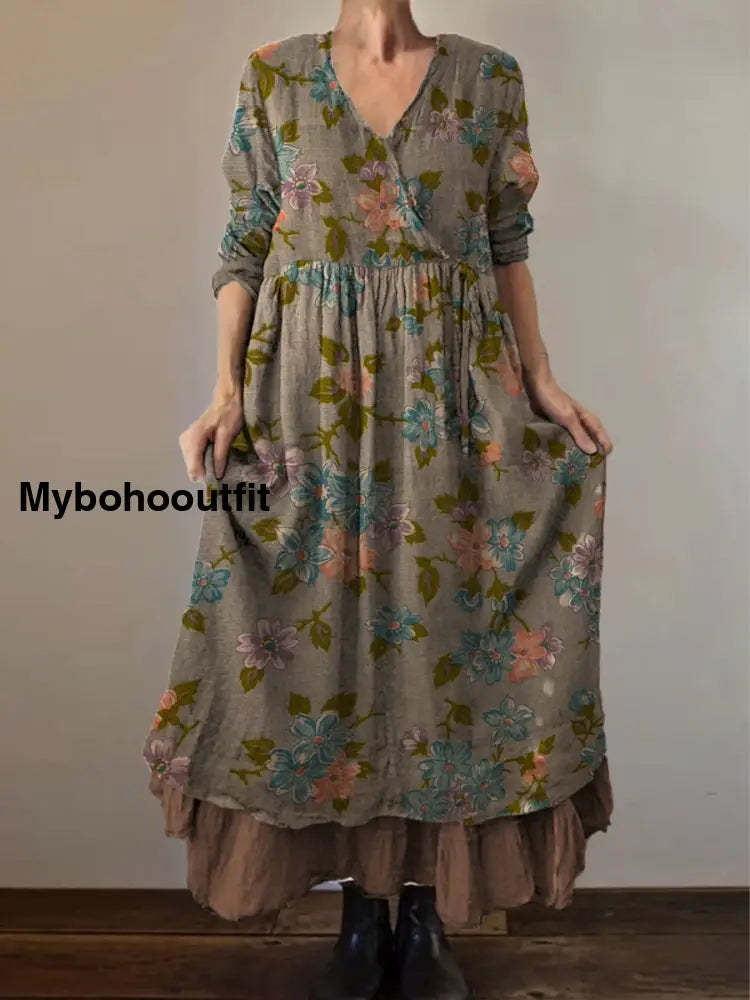 Retro Boho Floral Print Vintage V-Neck Double Hemline Cotton Long Sleeve Midi Dress A / S
