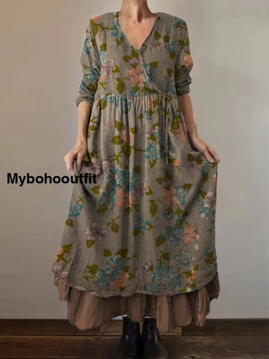 Retro Boho Floral Print Vintage V-Neck Double Hemline Cotton Long Sleeve Midi Dress A / S