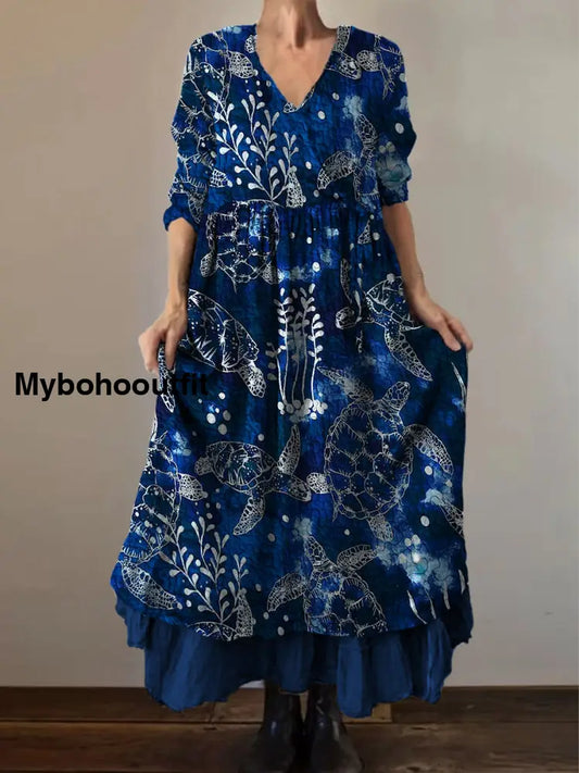 Retro Boho Floral Print Vintage V-Neck Double Hemline Cotton Long Sleeve Midi Dress A / S