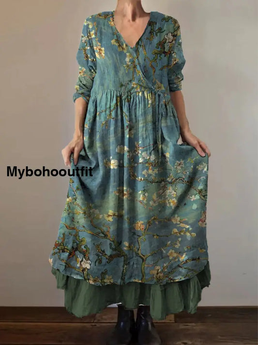 Retro Boho Floral Print Vintage V-Neck Double Hemline Cotton Long Sleeve Midi Dress A / S