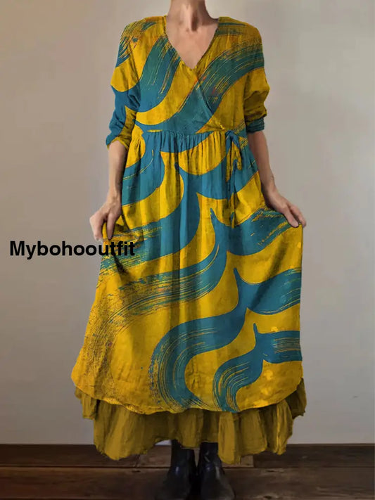 Retro Boho Floral Print Vintage V-Neck Double Hemline Cotton Long Sleeve Midi Dress A / S