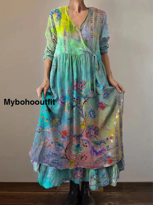 Retro Boho Floral Print Vintage V-Neck Double Hemline Cotton Long Sleeve Midi Dress A / S
