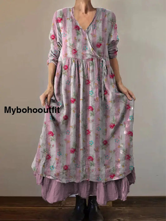 Retro Boho Floral Print Vintage V-Neck Double Hemline Cotton Long Sleeve Midi Dress A / S