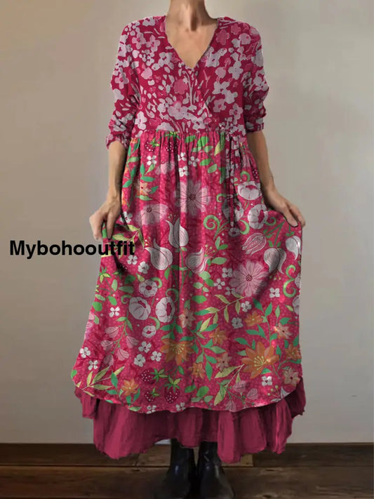 Retro Boho Floral Print Vintage V-Neck Double Hemline Cotton Long Sleeve Midi Dress A / S