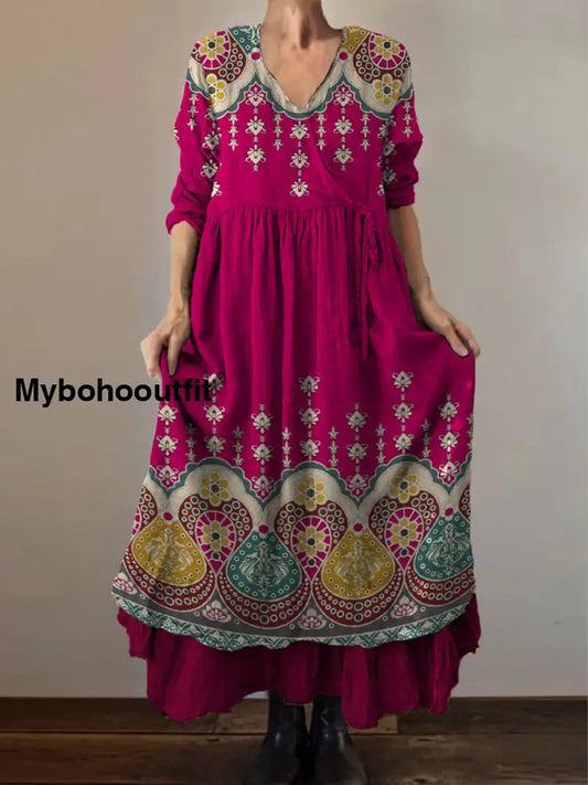 Retro Boho Floral Print Vintage V-Neck Double Hemline Cotton Long Sleeve Midi Dress A / S