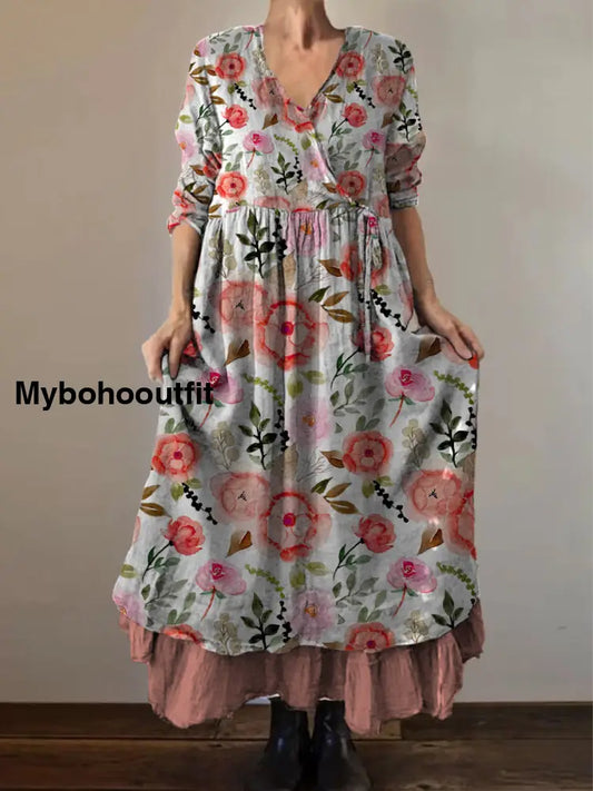 Retro Boho Floral Print Vintage V-Neck Double Hemline Cotton Long Sleeve Midi Dress A / S