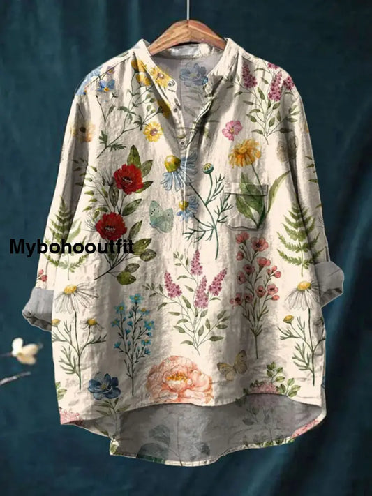 Retro Boho Floral Printed Casual Long Sleeve Comfortable Cotton Shirt A / S
