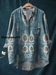 Retro Boho Floral Printed Casual Long Sleeve Comfortable Cotton Shirt A / S