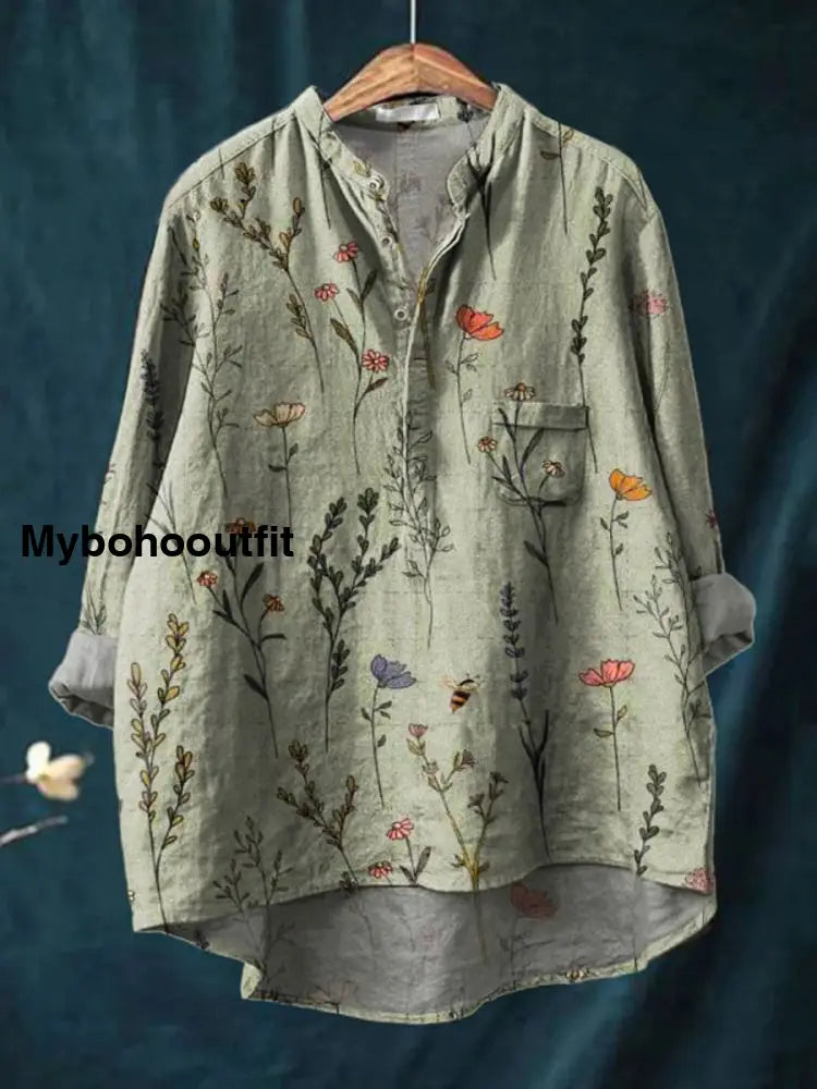 Retro Boho Floral Printed Casual Long Sleeve Comfortable Cotton Shirt A / S
