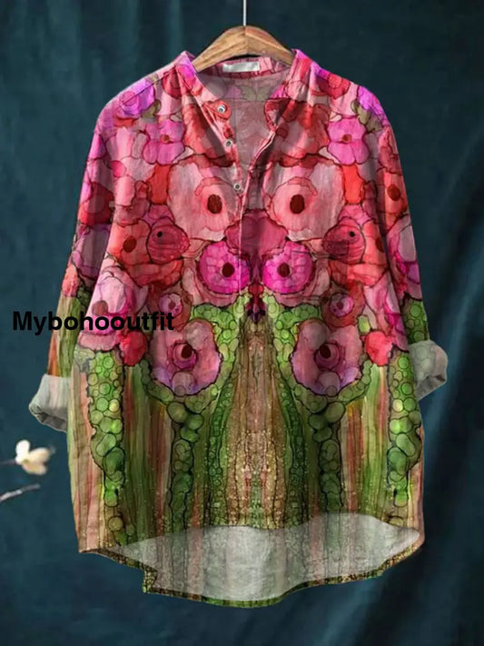 Retro Boho Floral Printed Casual Long Sleeve Comfortable Cotton Shirt A / S