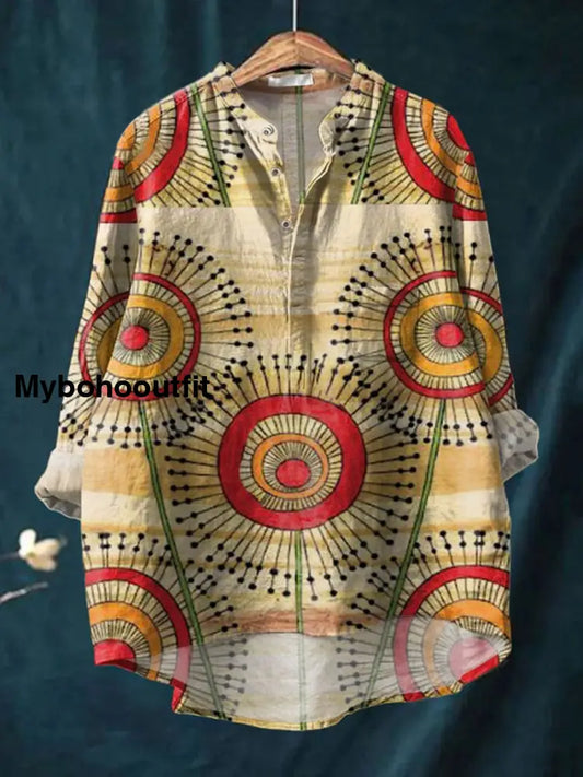 Retro Boho Floral Printed Casual Long Sleeve Comfortable Cotton Shirt A / S