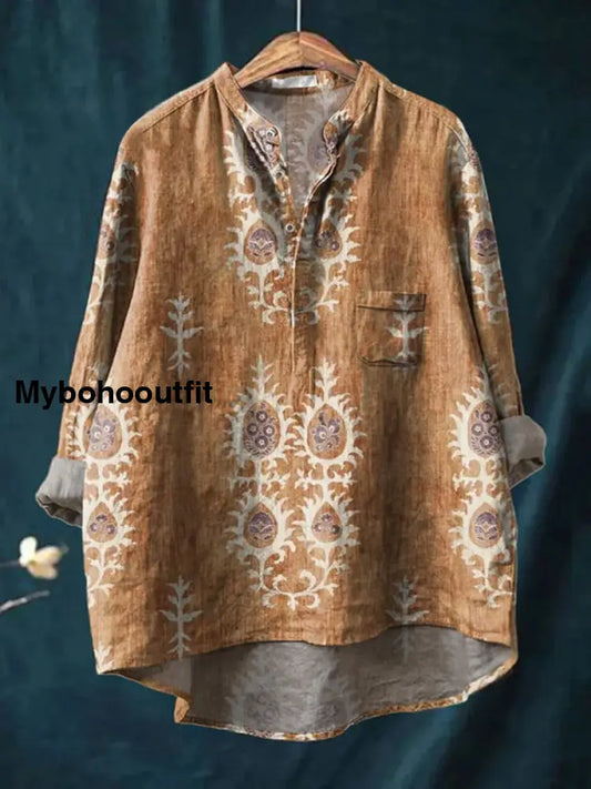 Retro Boho Floral Printed Casual Long Sleeve Comfortable Cotton Shirt C / S