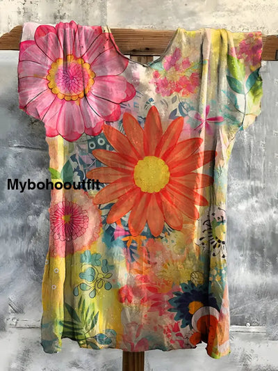 Retro Boho Floral Printed Crew-Neck Comfortable Cotton Casual T-Shirt A / S