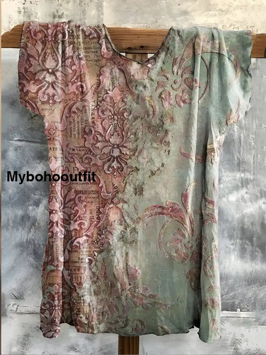 Retro Boho Floral Printed Crew-Neck Vintage Comfortable Cotton Casual T-Shirt A / S